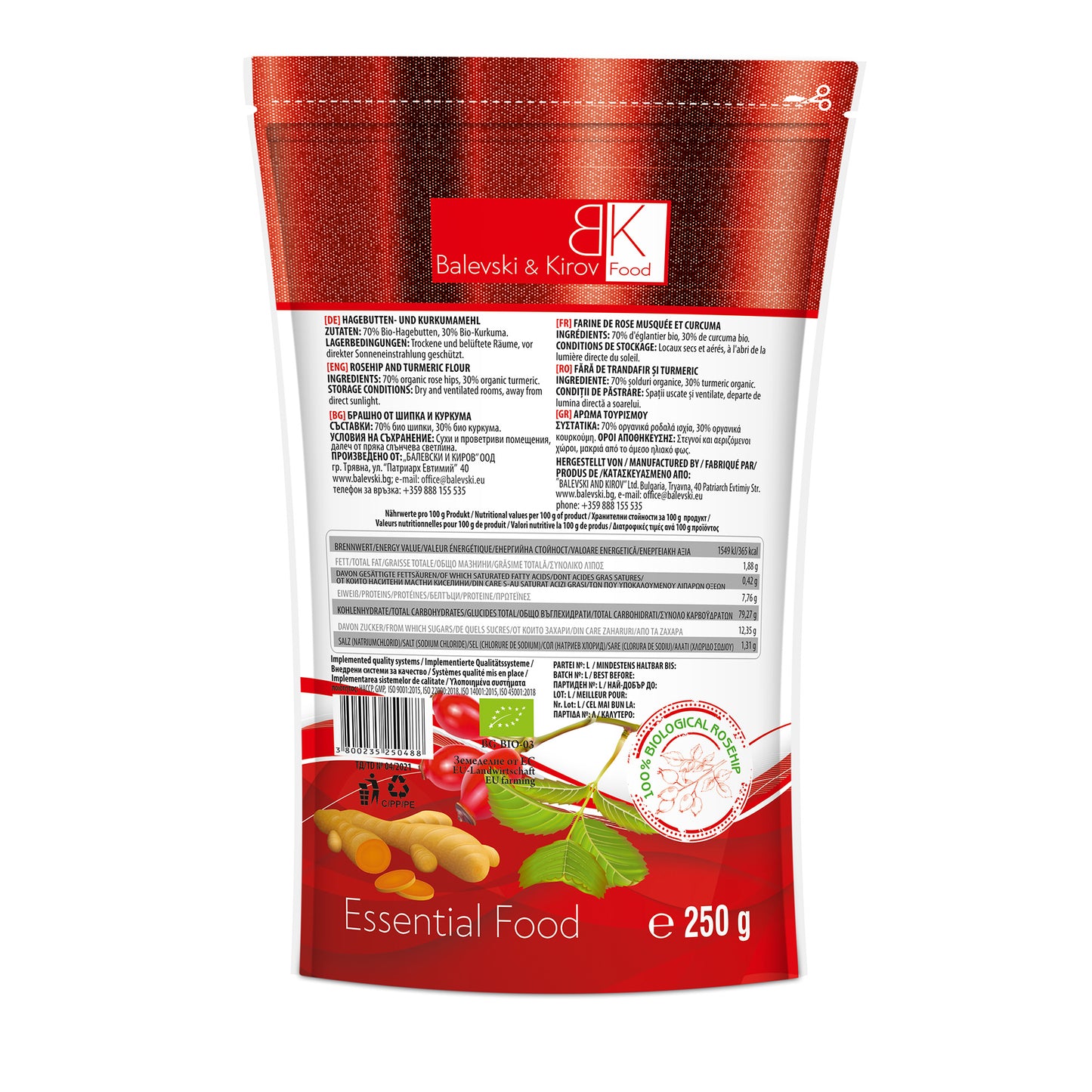 Hagebuttenpulver und Kurkuma 120 Mikron, Doy-Pack, 250 g - Bio-Produkt
